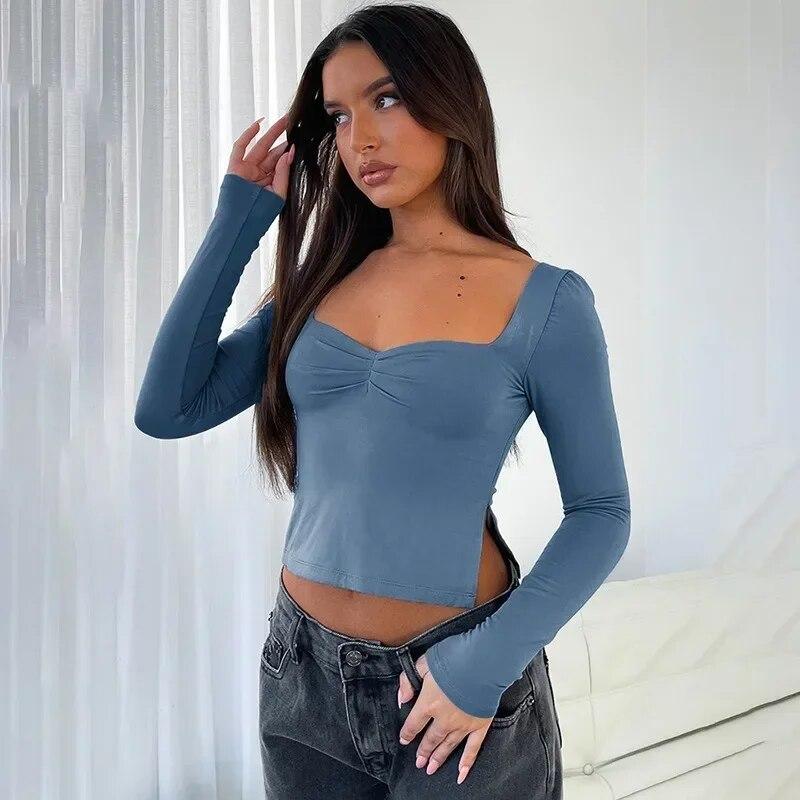 Autumn Y2K T-Shirts Solid Square Neck Long Sleeve Side Split Top Womens T-shirt For Women Streetwear Clothes 29669
