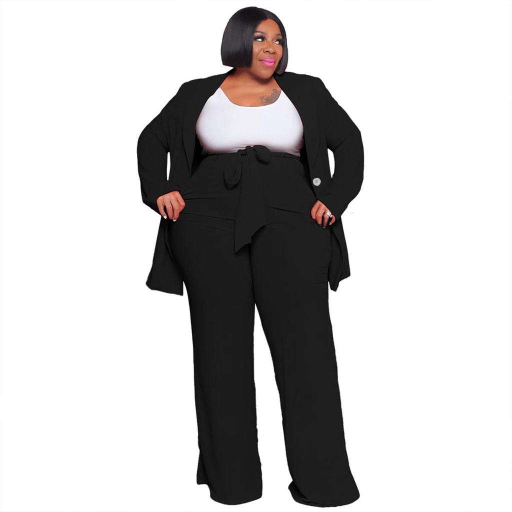 European & American Plus Size Women's Professional Casual Two-Piece Set - Long Sleeve Top & Pants with Tie