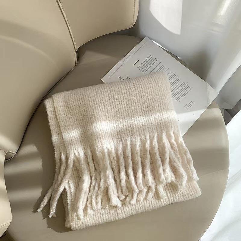 New Christmas red scarf women's winter warmth thickened imitation cashmere solid color knitted fringed scarf shawl student