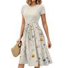 Women's Fashion Casual Belt Short Sleeve Round Neck Geometric Printing Splicing Elegant Temperament Dresses