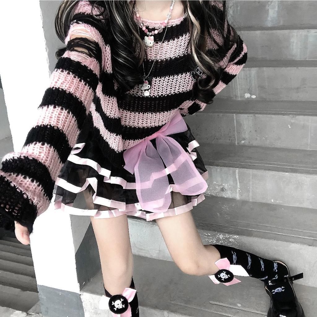 2KWEIRD Pink Striped Gothic Sweaters Women Ripped Holes Loose Knitted Pullover Frayed Fairy Grunge Jumpers Emo Streetwear Lolita