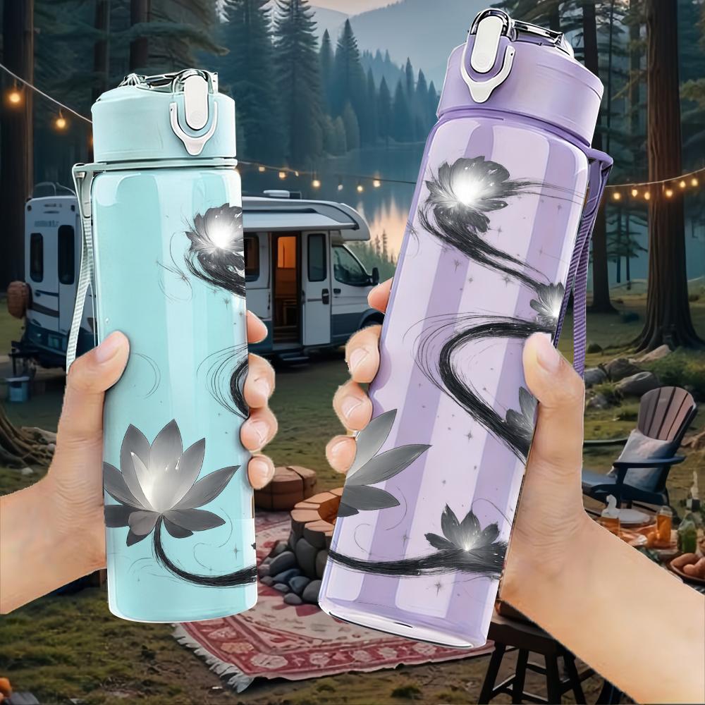 1PC Lotus Ink Line Art 750ml Color Plastic Sports Water Bottle Leakproof Flip Straw Lid For Sports Office Home Use