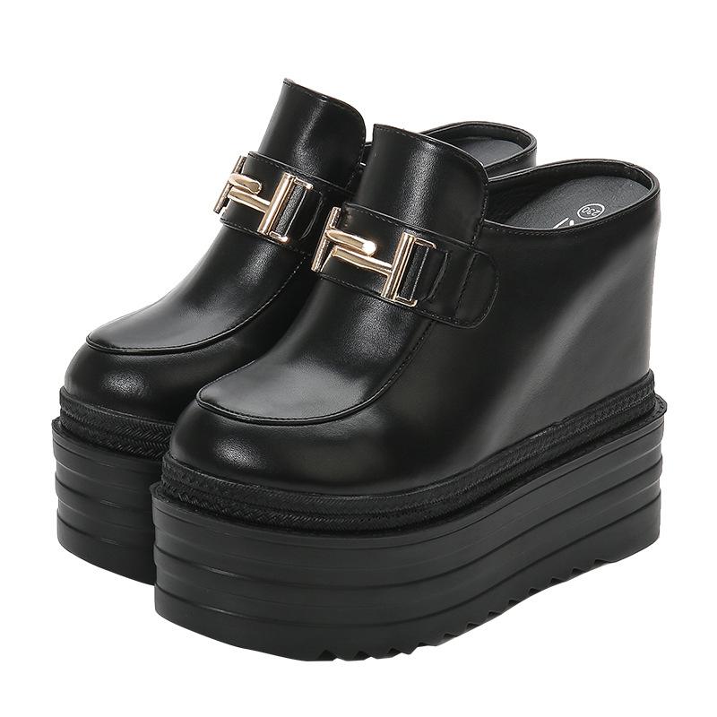 2025 New 13cm Fashion Inner Height Slope Heel Slippers Women's New Round Head Buckle Decorative Half Slippers ZYW-082-2