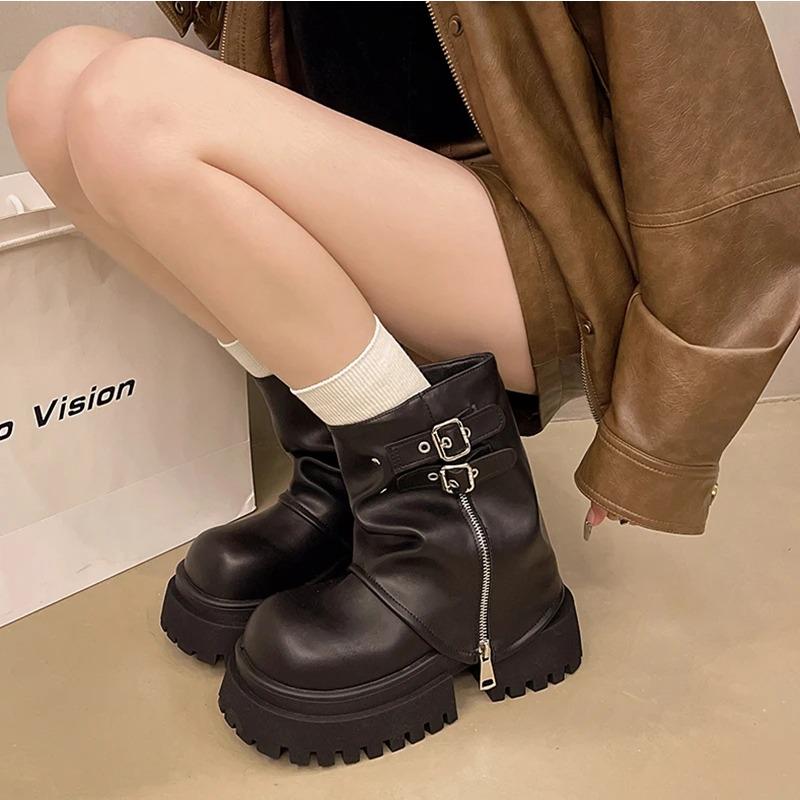 Shoes Female 2024 Hot Sale Mid-Calf Women's Boots Concise Modern Boots Women Belt Buckle Round Toe Med Heel Side Zip Shoes Women