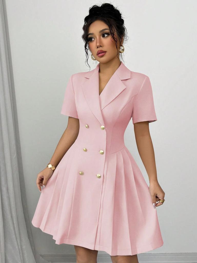 Autumn women's new skirt solid color short-sleeved waist double-breasted dress