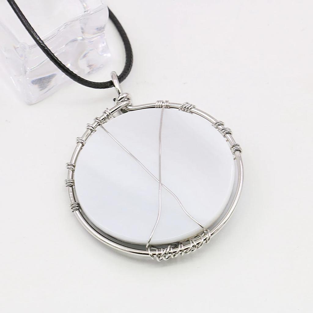 45mm Natural Round Shell Pendant,Tree of Life Necklace,black/white,Men/women Wearable,Complimentary Leather Chain,Friends Gifts