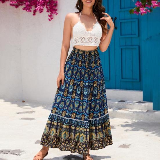 Boho Floral Prints Maxi Skirt for Women Elastic High Waist A Line Large Hem Skirt for