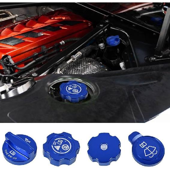 4Pcs Engine Oil Cap Brake Fluid Cap Wiper Washer Cap Radiator Cap Cover Trim Set, Aluminium Alloy Engine Oil Cap Cover Decorative Set Accessories for