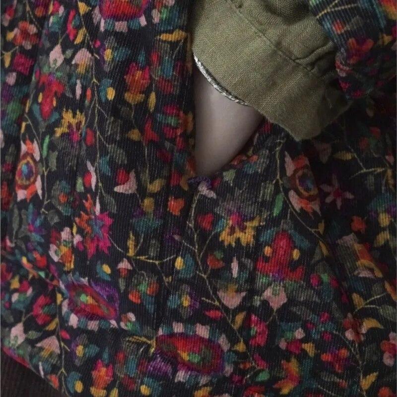 Johnature Women Chinese Style Corduroy Parkas Stand Long Sleeve Button Winter Vintage Coats Print Floral Warm Winter Parkas