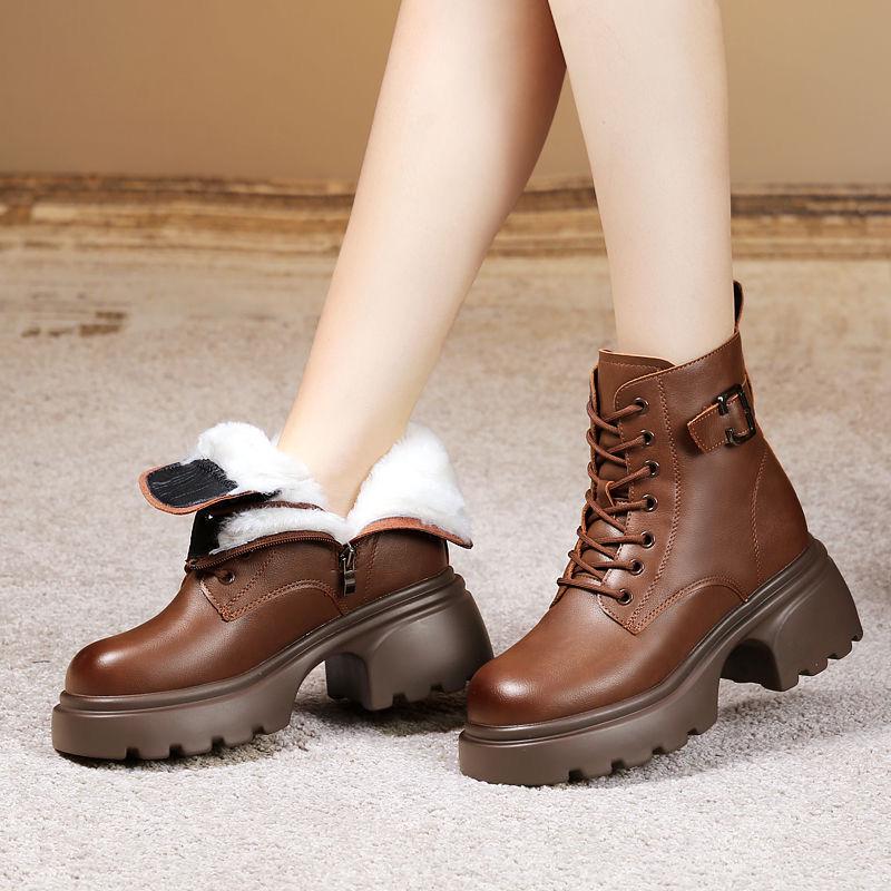 Women's Winter Leather Snow Boots, Thick Sole, Fleece-Lined, Warm Cotton Martin Ankle Boots