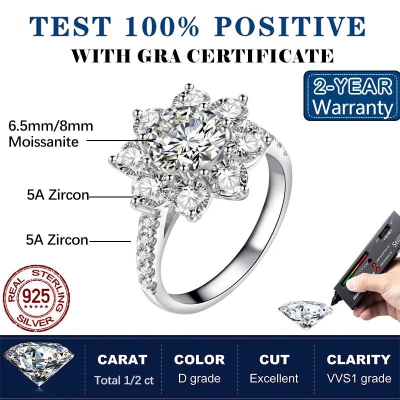 2 Carat Sunflower Real Moissanite Engagement Rings For Women 925 Silver 18K White Gold Plated Wedding Band with GRA