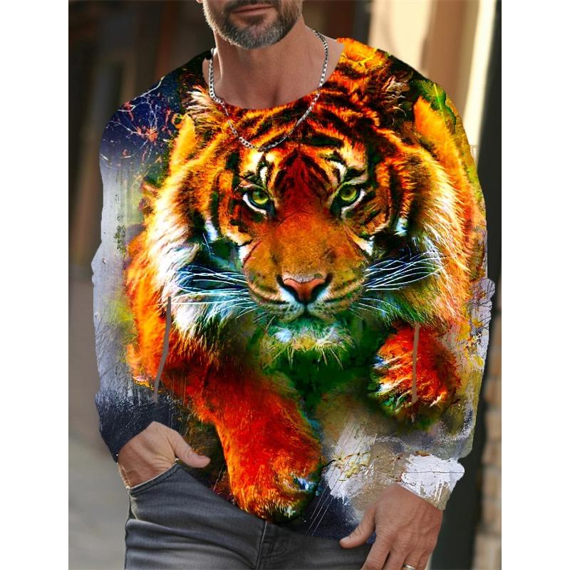 Spring and Autumn Round Neck Tiger Pattern 3D Printed Top Fashionable Casual Long Sleeved Men's T-shirts