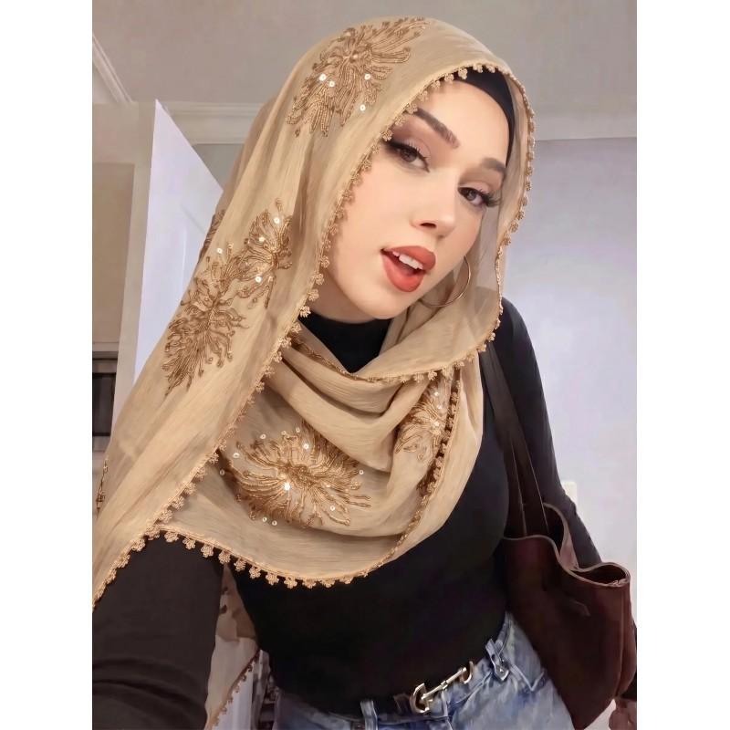 Lightweight Chiffon Scarf With Floral Embroidery Edge - Versatile Wrap Shawl Women Fall Winter
