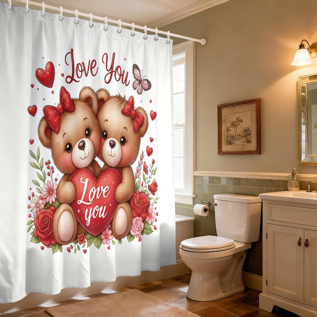 

1Pc Romantic Valentine S Day Bear Printed Waterproof Privacy Shower Curtain With 12 Hooks, Multiple Sizes, Easy Installation W60H190(CM)-1 Pcs
