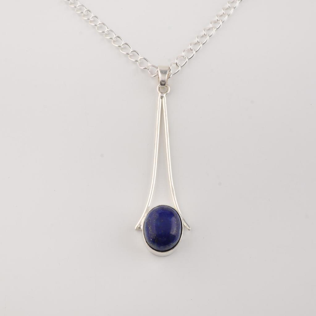 Natural Lapis Lazuli Gemstone 925 Sterling Silver Necklace Handcrafted Jewelry Women's Long Pendant 1.79" PP-69-32