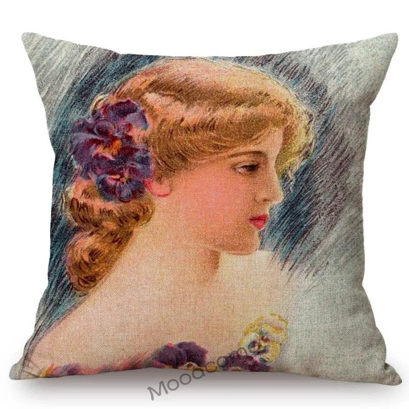 European Royal Court Victorian Era Lady Hat With Flower Elegant Sofa Throw Pillow Cover Classic Vintage Linen Decor Cushion Case