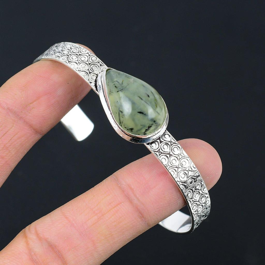 Mothers day Deal 925 Silver Pear Natural Moss Prehnite Wife Boho Bangle Jewelry