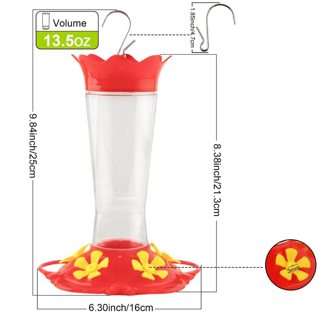 Hrănitoare de colibri din sticlă pentru exterior, agățată, cu 6 orificii de hrănire cu protecție pentru albine și șanț de furnici încorporat, hrănitoare pentru păsări sălbatice pentru grădină, curte, terasă, 13,5 oz