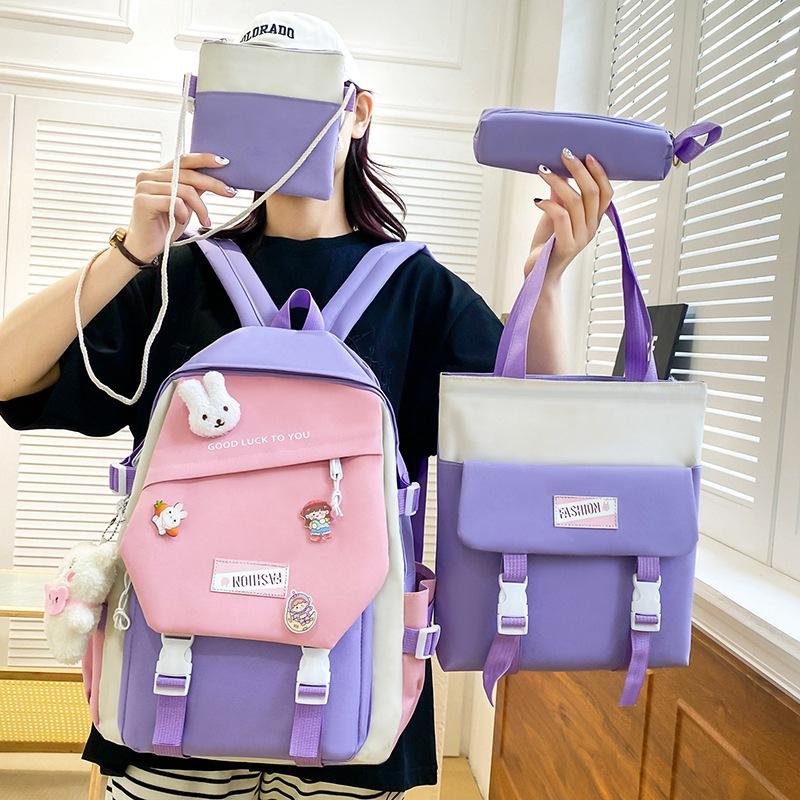 Fashionable Schoolbag Contrast Color Schoolbag Female Primary School Junior High School Student Backpack Campus Five-piece Set Canvas Casual Backpack