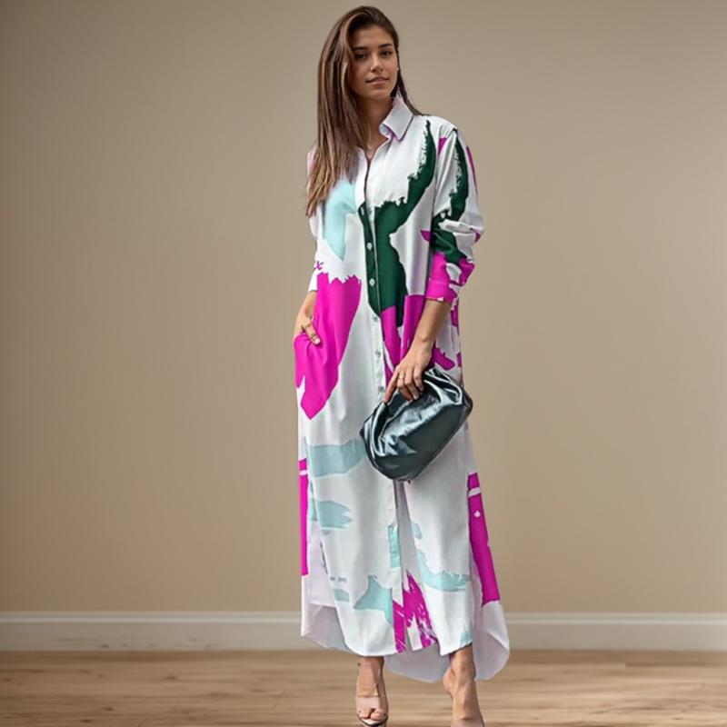 Spring Autumn Sexy Side Split Turn Down Collar Shirt Long Dress Elegant Temperament Printed Long Sleeve Pocket Single Breasted Dress XXXL розовый