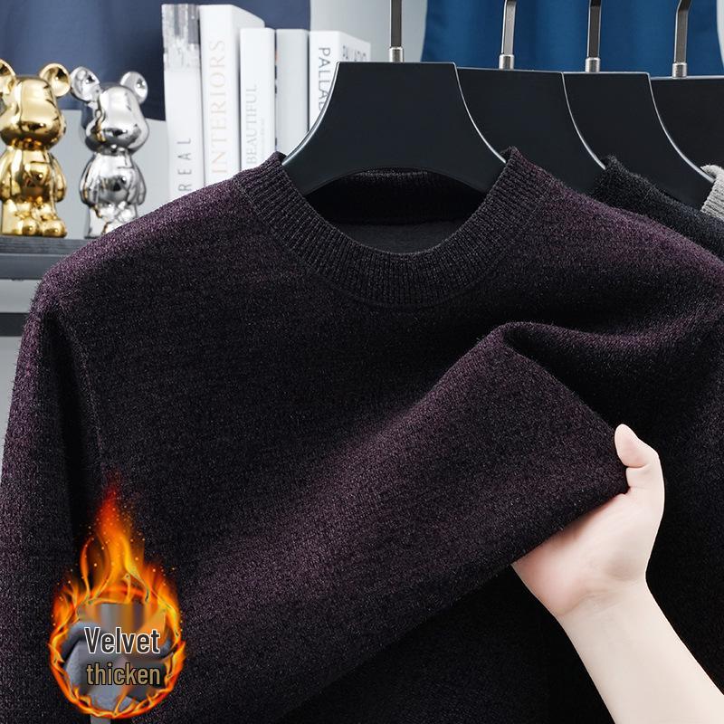 2025 Winter Men's High-End Fashion Knitted Sweater, Plus Velvet Thickened Long Sleeve Base Layer