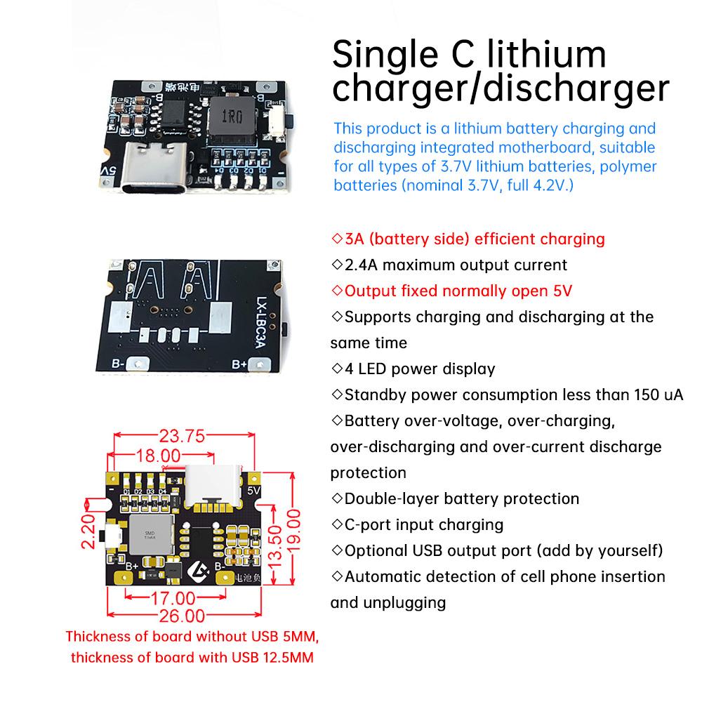 Type-c USB 5V 3A Integrated Charge And Discharge Module 3.7V 4.2V Power Board Charge Discharge Protection Lithium Battery Boost