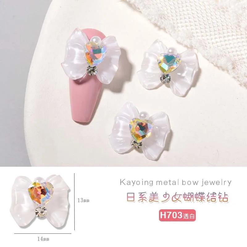 Heart Rhinestone Nail Bow Charms 10pcs Ice Transparent Crystal  Bowtie Jewelry 14*13mm Love Diamond Resin Ribbon Gems for Nails