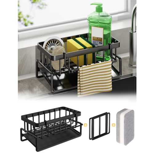 Sponge Holder for Kitchen, Sponge Rack, Sink Sponge Holder, Rust-Resistant, Bathroom/Kitchen Storage, Sponge/Mountable Divider Panel Included (Black)