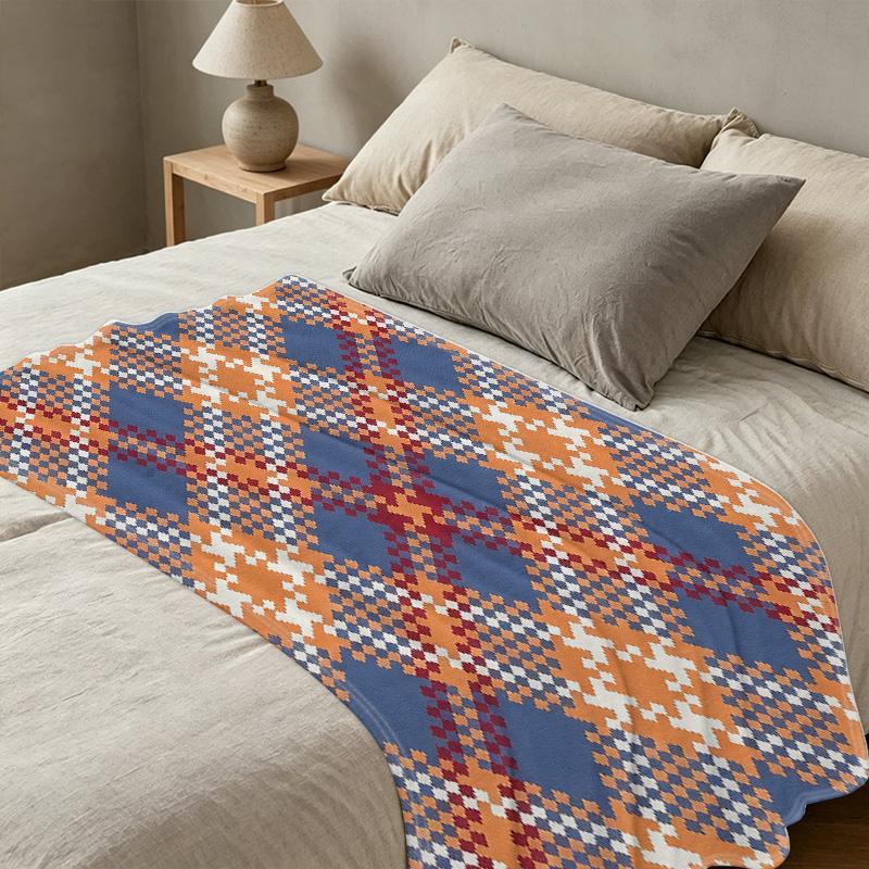 Lightweight Flannel Blanket Geometric Pattern Soft Cozy Throw, Warm Home Casual Blanket for Halloween & Christmas, Fashionable Plush Throw