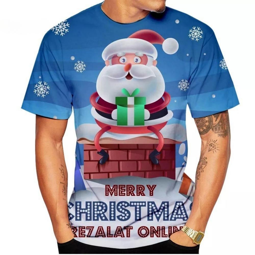 Niedliches 3D-gedrucktes Weihnachtsmuster Herren Modisches Lässiges Kurzarm-Rundhals-T-Shirt
