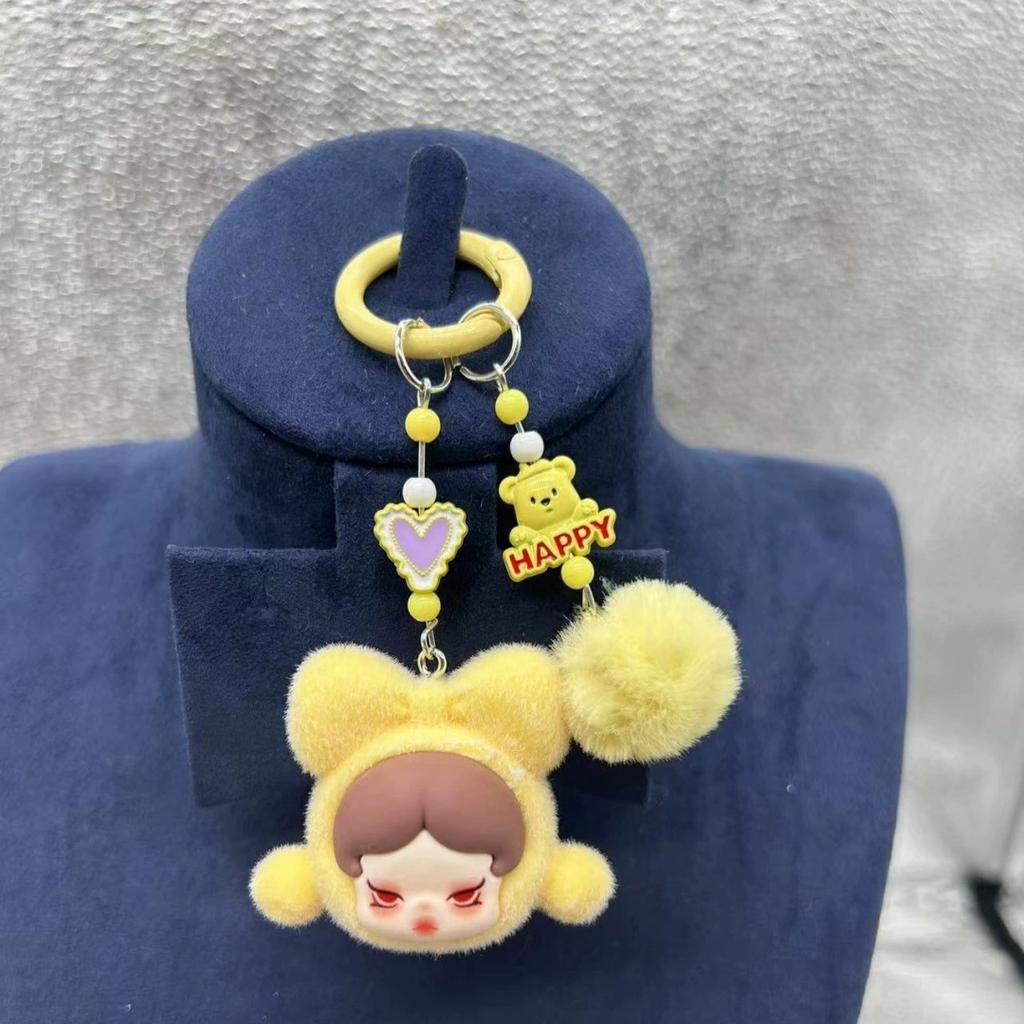 Cute SP Girl Mini Flocking Cartoon Kawaii Particles labubu Phone Chain Keychain Backpack Pendant Shoulder Bag Phone Charm Key Chain Gift