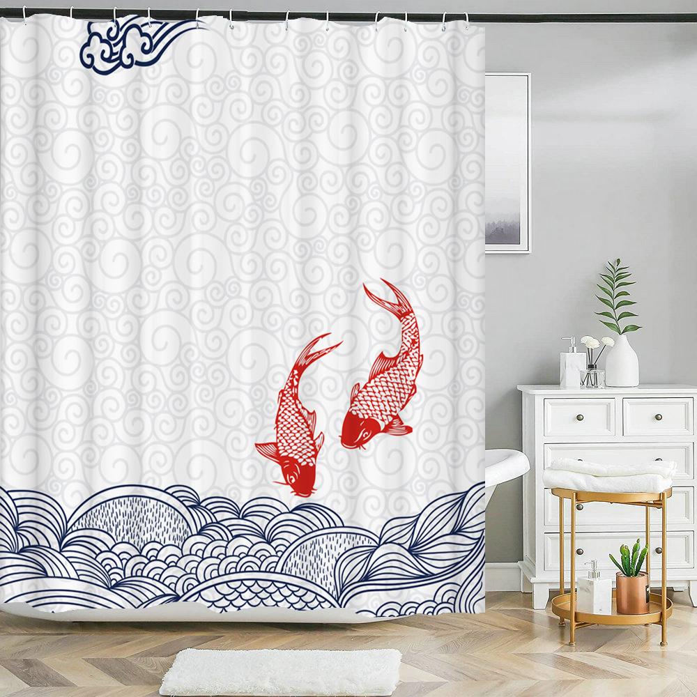 Japanese Wave Mount Fuji Plum Blossom Flower Printied Shower Curtain Waterproof Polyester Fabric Bathroom Curtains with 12 hooks