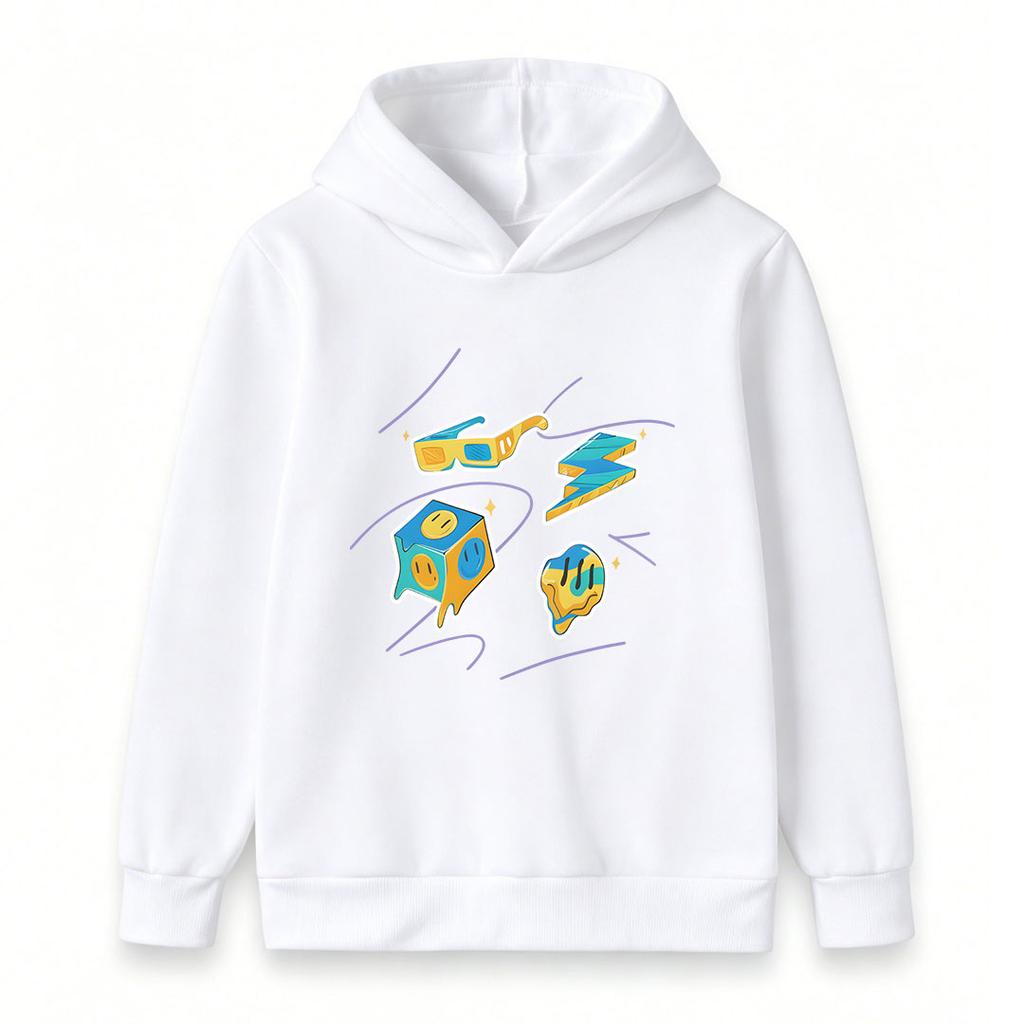 Kids Boys Girls Pullover Hoodie, Cool Retro 3D Glasses Lightning Melting Smiley Dice Print Casual Long Sleeve Hooded Sweatshirt for Daily Street Wear