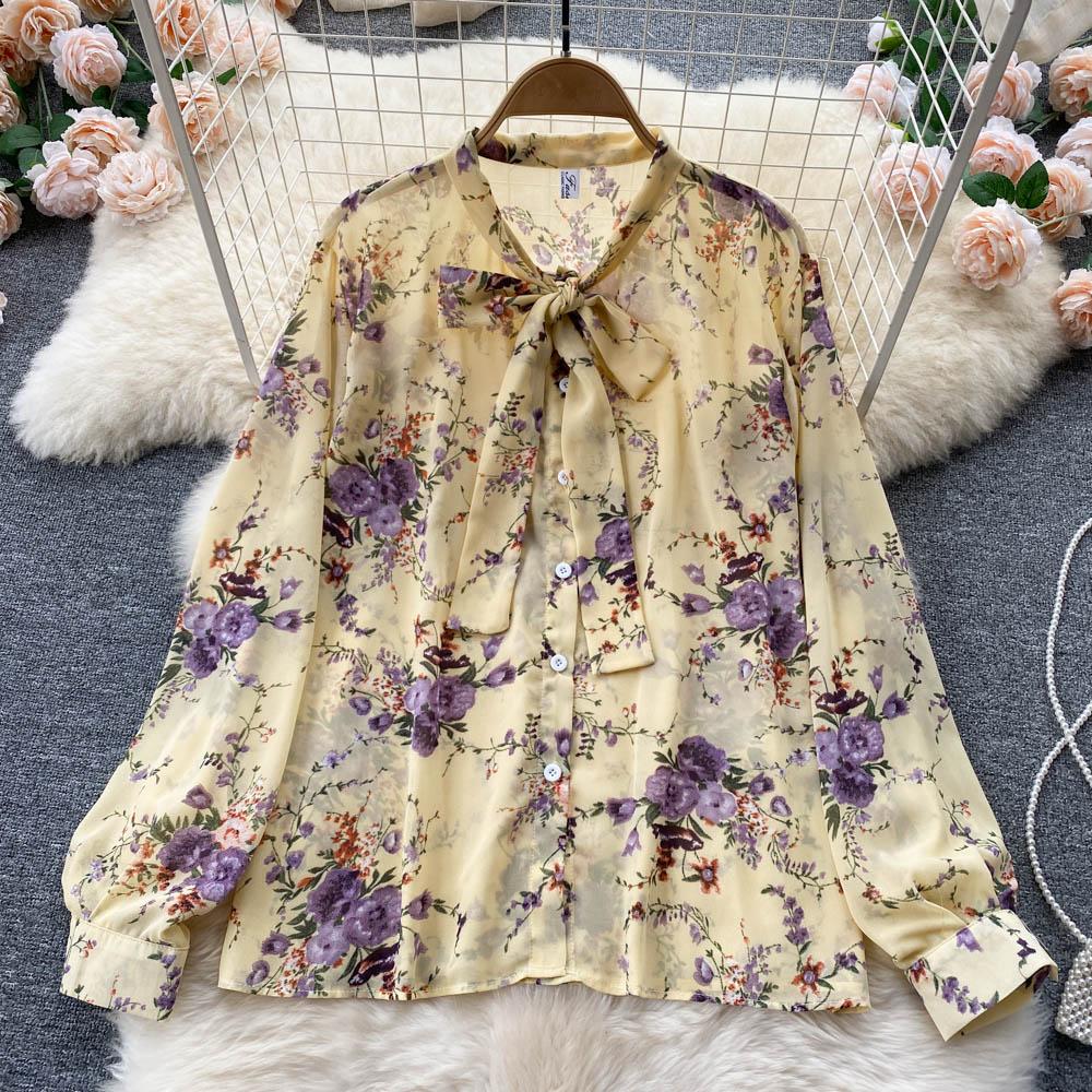 Spring Fashion Bow Top + Heavy Industry Pleated Chiffon Skirt Two-Piece Set Of Foreign Style Broken Flowers