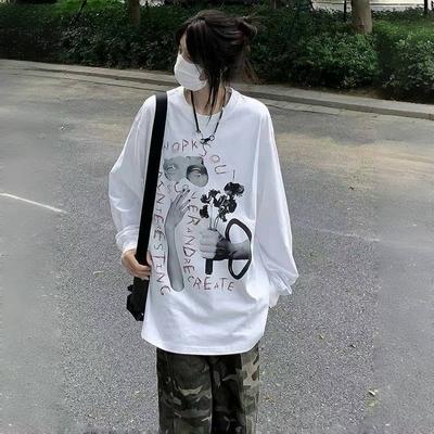 2KWEIRD High Street Oversized Dames T-shirts Wit Vintage Lange Mouw Letter Handgeschilderde T-shirts Hiphop Grunge Tops Y2k Tees Amerikaans