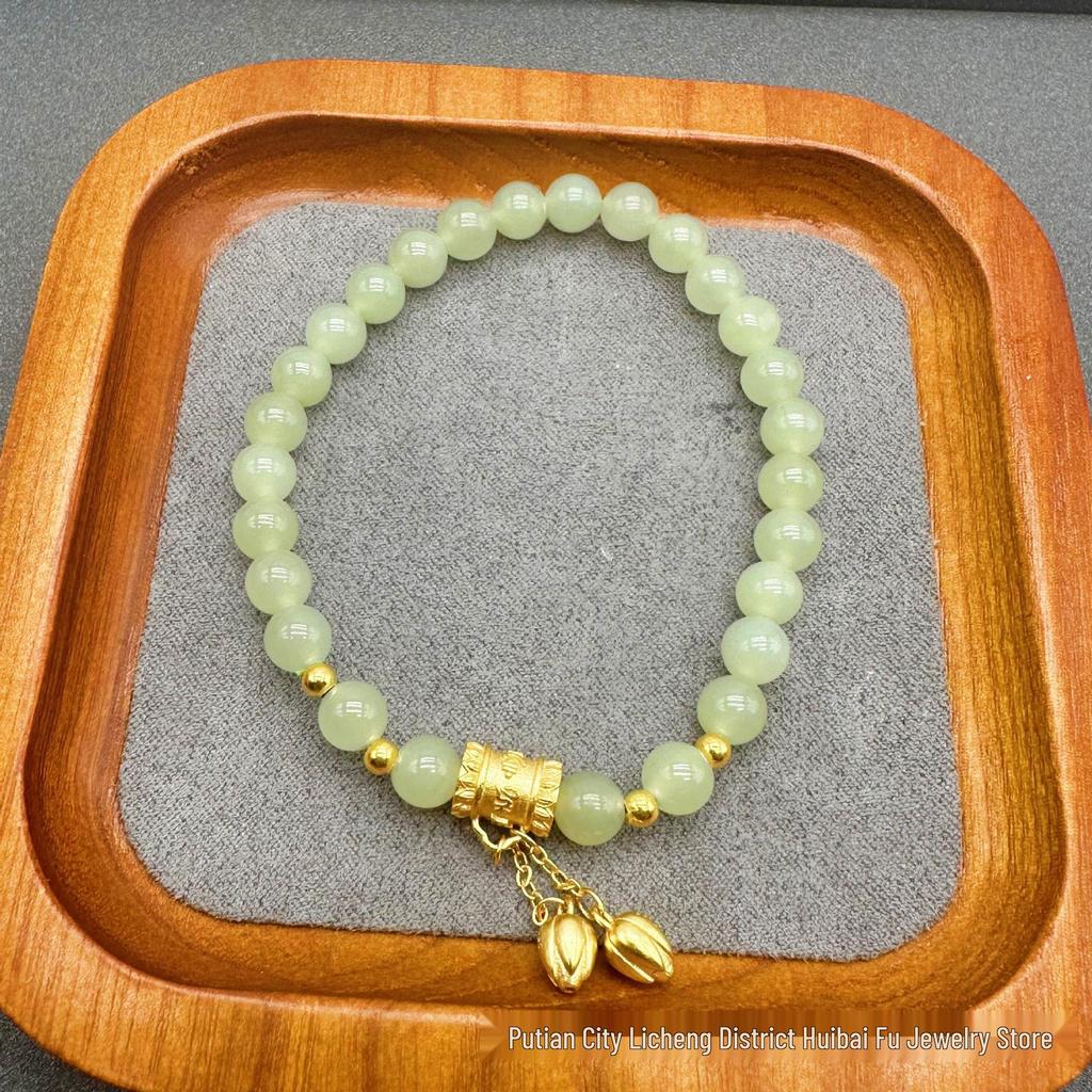 Two Lives Joy S925 Sterling Silver Gold-Plated Bracelet with Rotating Lotus & Hetian Jade - Elegant Gift for Girlfriend