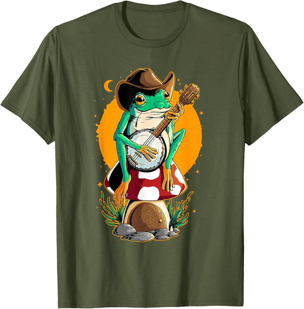 Cowboy Frog Playing Banjo Mushroom House Graphic T-Shirt Retro Cottagecore Aesthetic Casual Cotton Tee