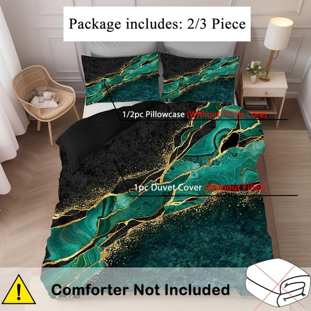 3pcs Retro Green Golden Marble 3D Printed Bedding Set Cozy Duvet Cover King Queen Twin Size Birthday Gift Bedroom Decoration