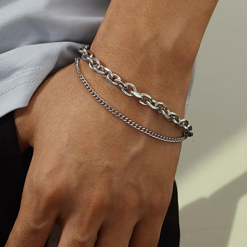 Men s Stylish Double Layer Stainless Steel Chain Bracelet