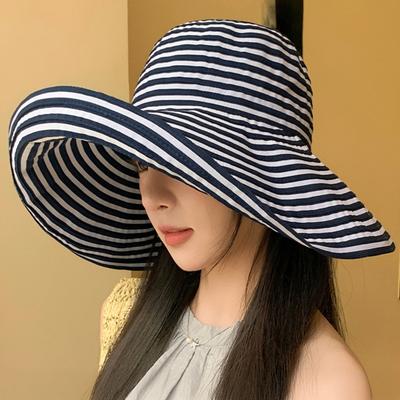 Women Wide Brim Sun Hat UV Protection Striped Beach Floppy Hat Foldable