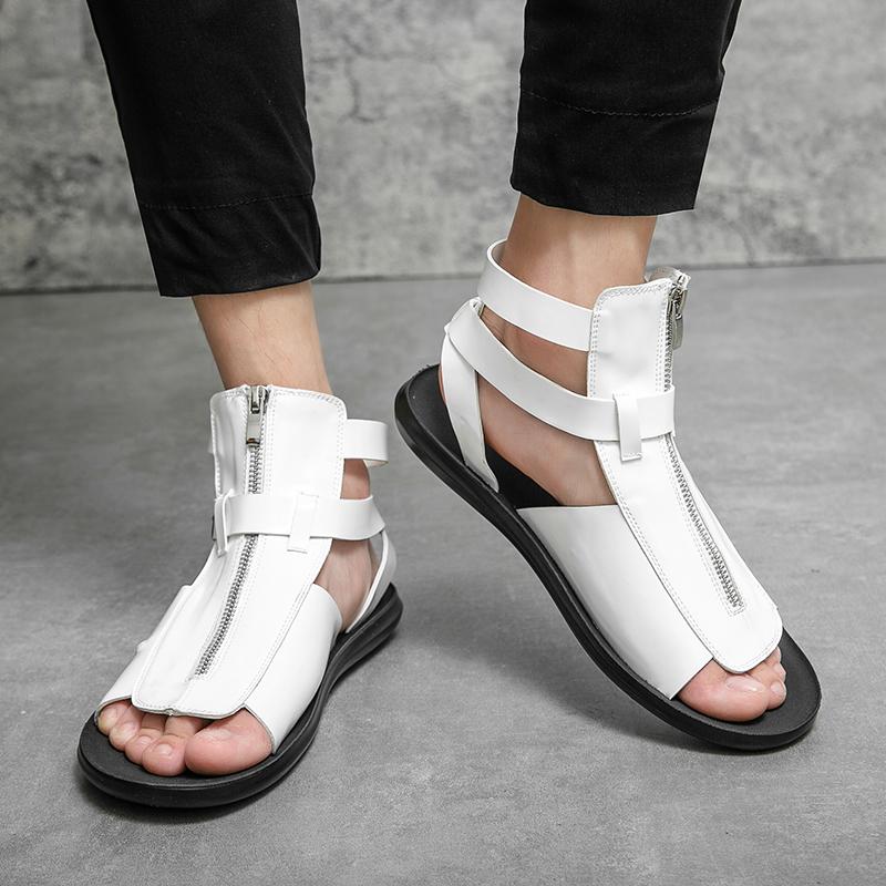 Summer New Men Gladiators High Qualit Leather Casual Shoes Breathable Beach Sandals Outdoor Slippers Black White Big Size