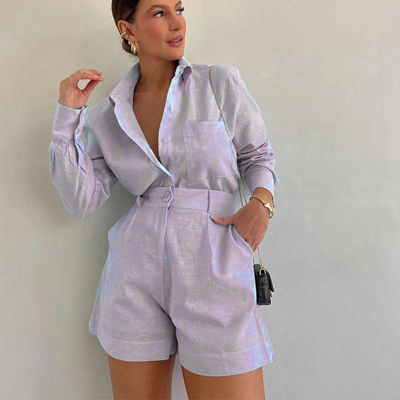 2024 Trendy Women's Casual Suit: Long Sleeve Shirt & Shorts Set