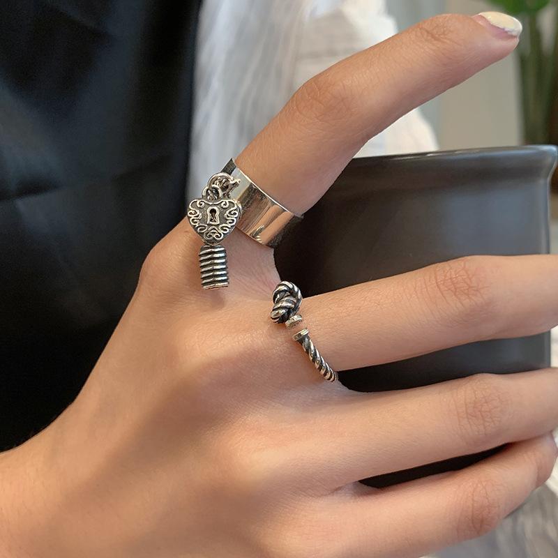 Vintage 925 Elegant Sterling Silver Heart Lock Open Adjustable Ring Women For