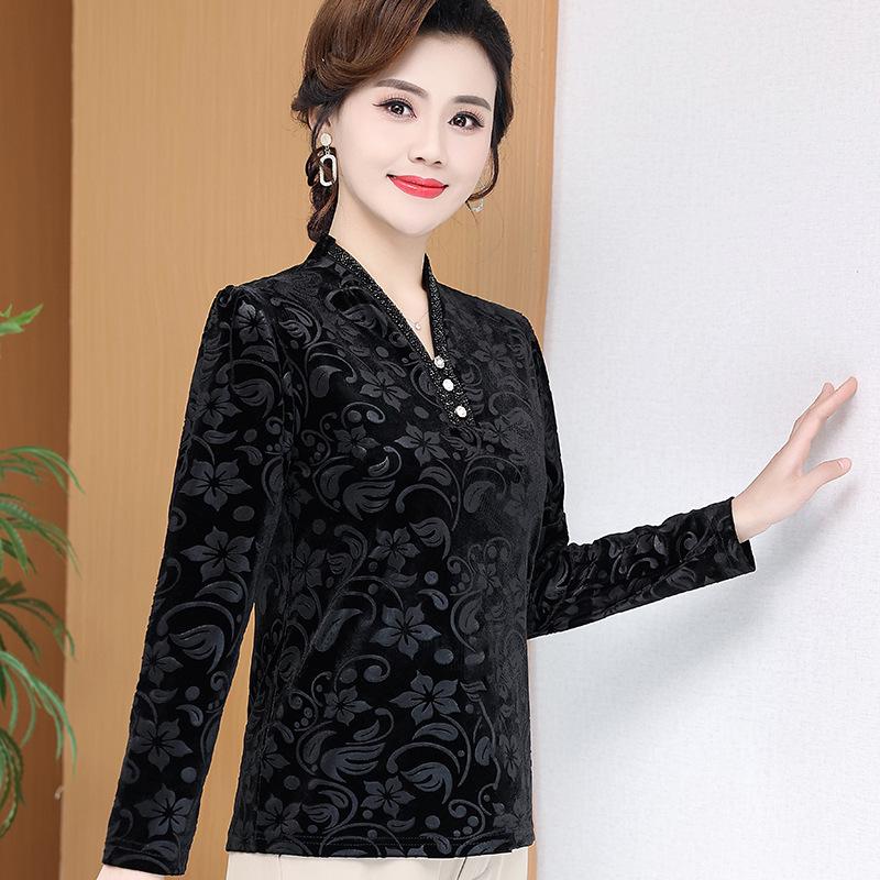 

New Arrival: Plus Size Black Printed Long Sleeve T-shirt for Middle-Aged & Elderly Women, Loose Fit, Slimming, Versatile for Spring/Autumn. 2XL (for 105-120 lbs)