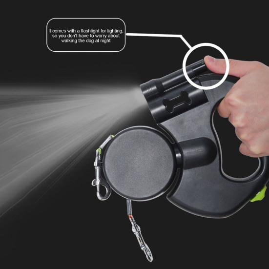 Dual Retractable Dog Leash Double Headed Extendable Pet Leash with Light And Poop Bag Dispenser for 2 Small Medium Dogs