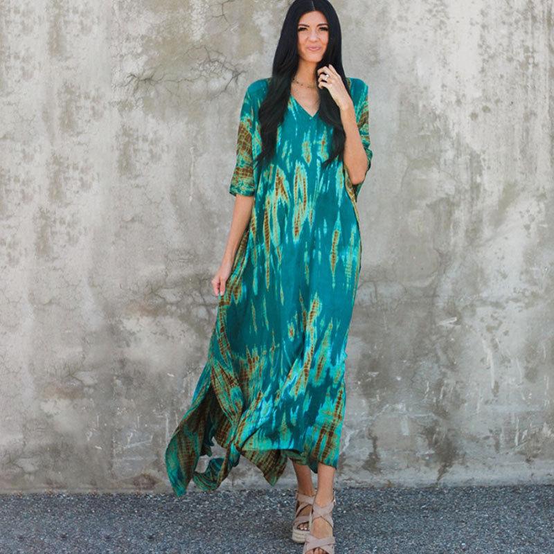 European & American Tie-dye Rayon Beach Dress: Loose, Long Seaside Vacation Robe & Bikini Cover-up with Sunscreen Shirt for Women