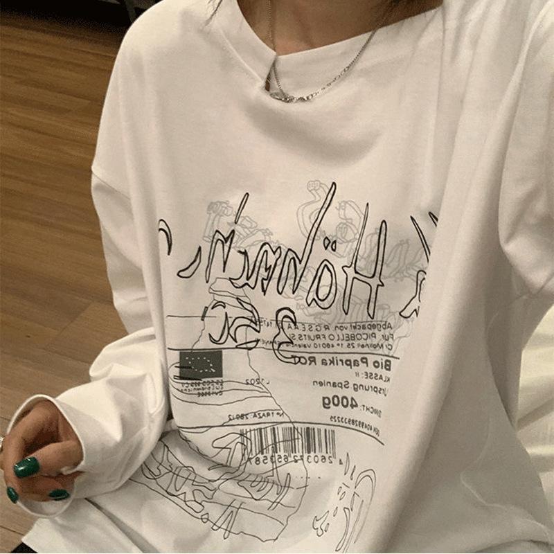 2025 New Retro Letter Printed Top Spring Summer Solid Color Strapless Long Sleeve T-Shirt Loose Top