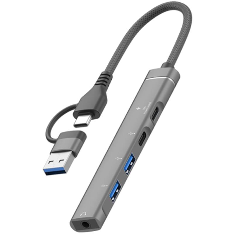 5-в-1 USB-хаб Type-C/USB-A с зарядкой Type-C + данными Type-C + 2xUSB + 3,5-мм аудиоразъемом A