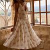Summer European and American Style French Romantic Retro Rose Medium and Long Neck V-neck Backless Sun Dress Women's Dress
