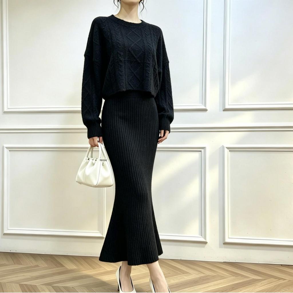 Women's Retro Knit Skirt Set: Fishtail Long Skirt & Pullover (Autumn/Winter 2026)